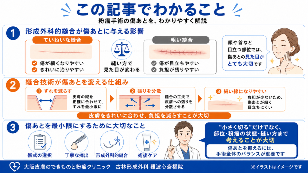 ・形成外科的縫合が傷跡に与える影響 ・縫合技術が傷跡を変える仕組み ・粉瘤手術で傷跡を最小限にするために大切なこと
